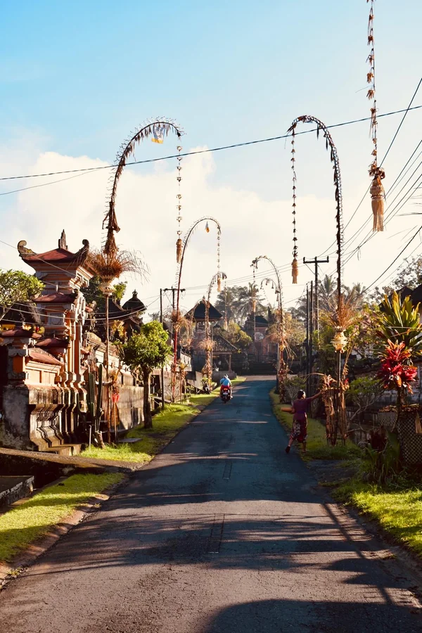 Calle principal de la aldea tradicional de Penglipuran decorada con altos penjor de bambú al amanecer