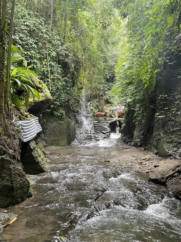 Cascada entre paredes de roca verde en el cañón de Tukad Cepung, Ubud, Bali