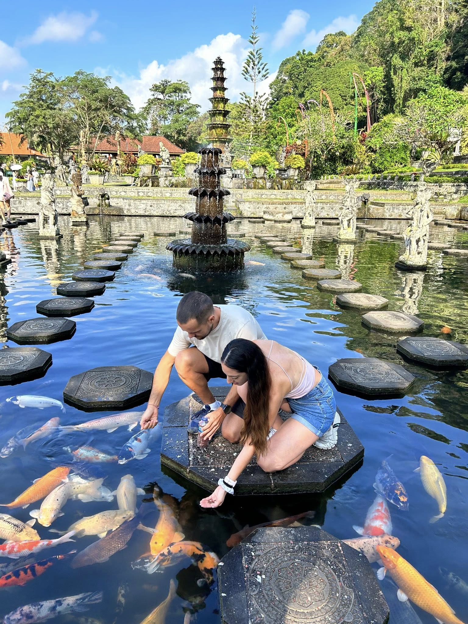 Peces koi gigantes de colores en la piscina de aguas de manantial de Tirta Gangga
