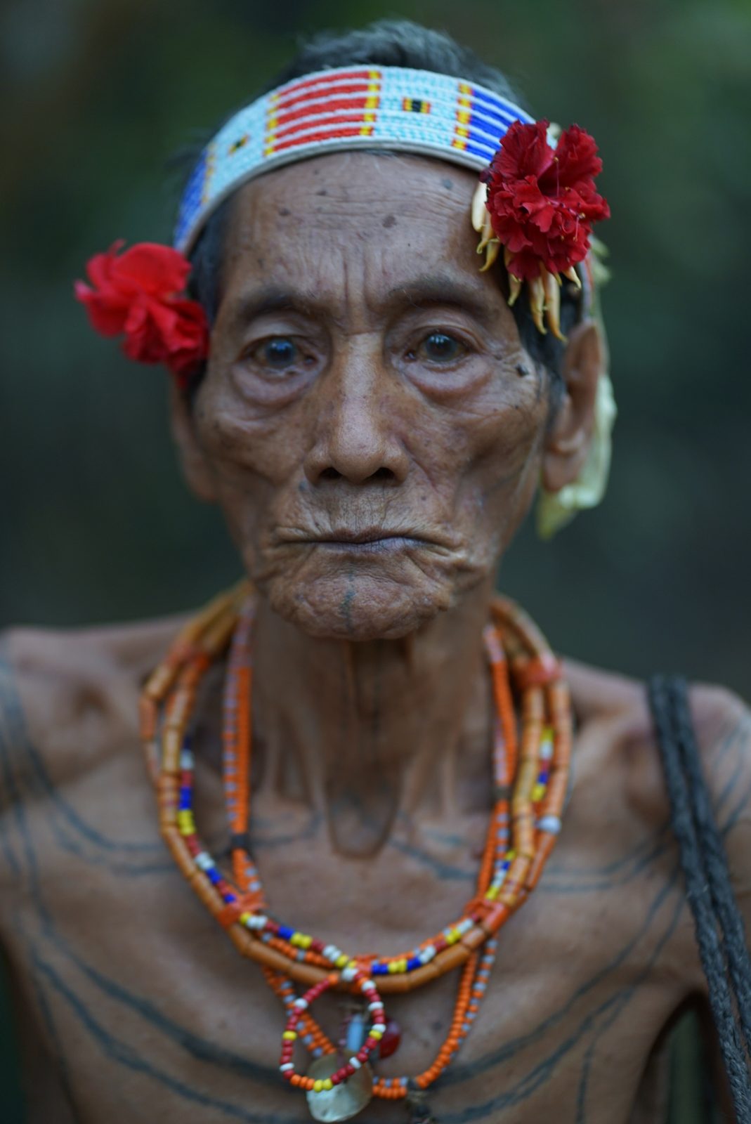 Sikerei Mentawai con tocado tradicional de flores